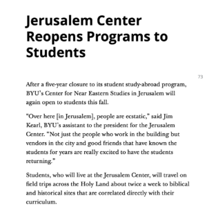 Jerusalem Center Reopens Programs to Students Jerusalem Center Reopens Programs to Students